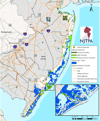 Map from NJTPA showing the Central Coastal, New Jersey area and the Pilot study inundation impact results. Map from NJTPA showing the Central Coastal, New Jersey area and the Pilot study inundation impact results.