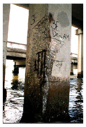 Photo. Cracked and spalled marine bridge piling.