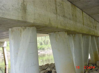 Photo. This photo shows approximately five FRP concrete filled shells that are foundations for a bridge. The bridge is near water, which is seen in the background of the picture.