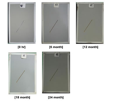 Figure 20. Photo. Progressive changes of panel 11 (three-coat: ME). This figure shows a series of photos of scribed three-coat panel 11 at time periods of 0, 6, 12, 18, and 24 months of marine exposure (ME). The photos do not show any holidays or surface deterioration through the time of exposure. Rust creepage growth appears to be minimal or zero for all time periods.