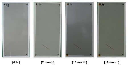 Figure 22. Photo. Progressive changes of panel 24 (three-coat: NWS). This figure shows a series of photos of scribed three-coat panel 24 at time periods of 0, 7, 13, and 18 months of natural weathering exposure with salt spray (NWS). The photos do not show any holidays or surface deterioration. Rust creepage growth appears to be minimal or zero for all time periods.