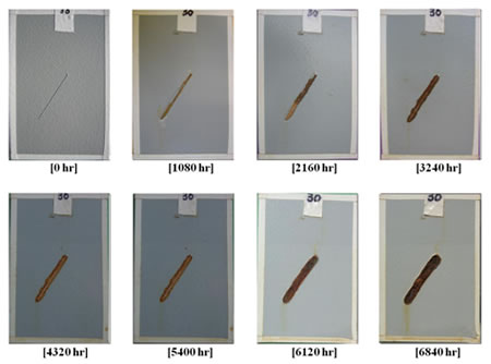 Figure 23. Photo. Progressive changes of panel 30 (two-coat: ALT). This figure shows a series of photos of scribed two-coat panel 30 at time periods of 0, 1,080, 2,160, 3,240, 4,320, 5,400, 6,120, and 6,840 h of accelerated lab testing (ALT). The photos do not show any holidays or surface deterioration. Rust creepage growth appears minimal for all time periods. 