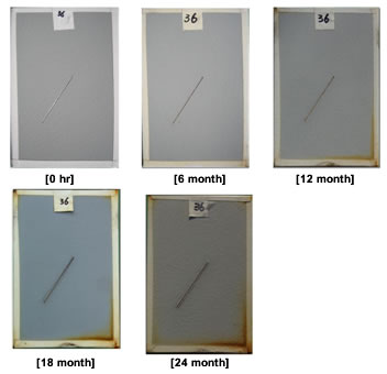 Figure 24. Photo. Progressive changes of panel 36 (two-coat: ME). This figure shows a series of photos of scribed two-coat panel 36 at time periods of 0, 6, 12, 18, and 24 months of marine exposure (ME). The photos do not show any holidays or surface deterioration. Rust creepage growth appears to be minimal or zero for all time periods.