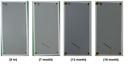 Figure 30. Photo. Progressive changes of panel 76 (ASP: NWS). This figure shows a series of photos of scribed polyaspartic (ASP) panel 76 at time periods of 0, 7, 13, and 18 months of natural weathering exposure with salt spray (NWS). The photos do not show any holidays or surface deterioration. Rust creepage growth appears to be minimal or zero for all time periods.
