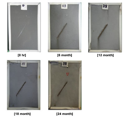 Figure 32. Photo. Progressive changes of panel 88 (EM: ME). This figure shows a series of photos of scribed epoxy mastic (EM) panel 88 at time periods of 0, 6, 12, 18, and 24 months of marine exposure (ME). The photos do not show any holidays or surface deterioration until 18 months and a holiday at the termination of exposure at 24 months. Rust creepage growth appears to be minimal or zero for all time periods.
