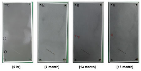 Figure 33. Photo. Progressive changes of panel 96 (EM: NW). This figure shows a series of photos of scribed epoxy mastic (EM) panel 96 at time periods of 0, 7, 13, and 18 months of natural weathering (NW) exposure. The test panel initially had two defects on the surface and developed an additional holiday after 13 months of exposure. Rust creepage growth appears to be minimal or zero for all time periods.
