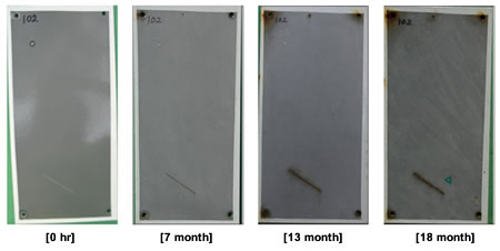 Figure 34. Photo. Progressive changes of panel 102 (EM: NWS). This figure shows a series of photos of scribed epoxy mastic (EM) panel 102 at time periods of 0, 7, 13, and 18 months of natural weathering exposure with salt spray (NWS). The test panel had an initial defect and developed an additional defect at the end of testing. Rust creepage growth appears to be minimal or zero for all time periods.