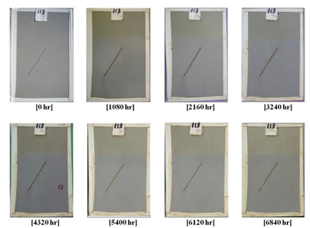 Figure 35. Photo. Progressive changes of panel 113 (HRCSA: ALT). This figure shows a series of photos of scribed high-ratio calcium sulfonate alkyd (HRCSA) panel 113 at time periods of 0, 1,080, 2,160, 3,240, 4,320, 5,400, 6,120, and 6,840 h of accelerated lab testing (ALT). The photos do not show any holidays or surface deterioration until 4,320 h when one holiday developed. Rust creepage growth appears minimal for all time periods. 