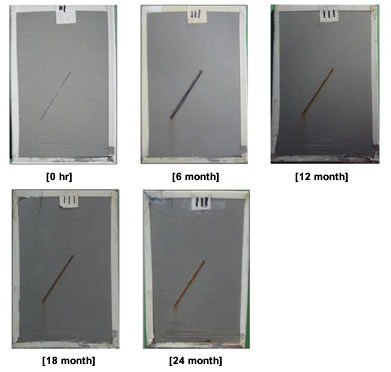 Figure 36. Photo. Progressive changes of panel 111 (HRCSA: ME). This figure shows a series of photos of scribed high-ratio calcium sulfonate alkyd (HRCSA) panel 111 at time periods of 0, 6, 12, 18, and 24 months of marine exposure (ME). The photos do not show any holidays or surface deterioration. Rust creepage growth appears to be minimal or zero for all time periods.