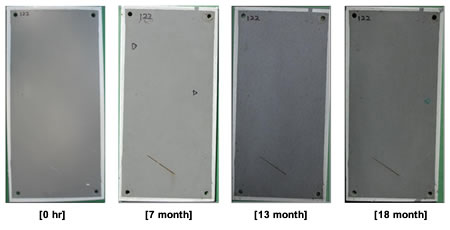 Figure 37. Photo. Progressive changes of panel 122 (HRCSA: NW). This figure shows a series of photos of scribed high-ratio calcium sulfonate alkyd (HRCSA) panel 122 at time periods of 0, 7, 13, and 18 months of natural weathering (NW) exposure. The test panel developed two holidays after exposure for 7 months and an additional holiday at the end of testing at 18 months. Rust creepage growth appears to be minimal or zero for all time periods.