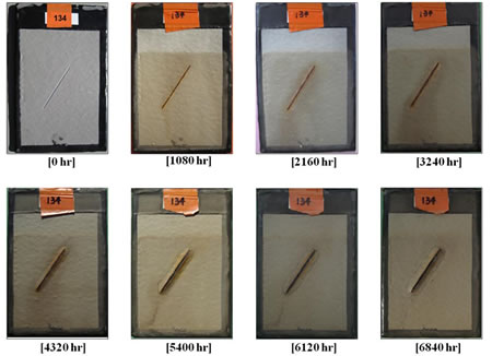 Figure 39. Photo. Progressive changes of panel 134 (GFP: ALT). This figure shows a series of photos of scribed glass flake reinforced polyester (GFP) panel 134 at time periods of 0, 1,080, 2,160, 3,240, 4,320, 5,400, 6,120, and 6,840 h of accelerated lab testing (ALT). The photos do not show any holidays or surface deterioration. Rust creepage growth appears at 3,240 h and progressively increases through the rest of the test period. 