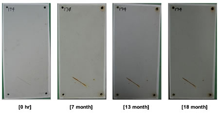 Figure 42. Photo. Progressive changes of panel 174 (HBAC: NW). This figure shows a series of photos of scribed high-build waterborne acrylic (HBAC) panel 174 at time periods of 0, 7, 13, and 18 months of natural weathering (NW) exposure. The photos do not show any holidays or surface deterioration. Rust creepage growth appears to be minimal or zero for all time periods.