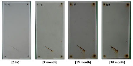 Figure 43. Photo. Progressive changes of panel 181 (HBAC: NWS). This figure shows a series of photos of scribed high-build waterborne acrylic (HBAC) panel 181 at time periods of 
0, 7, 13, and 18 months of natural weathering exposure with salt spray (NWS). The photos do not show any holidays or surface deterioration. Rust creepage growth appears to start at 13 months and grows until 18 months.