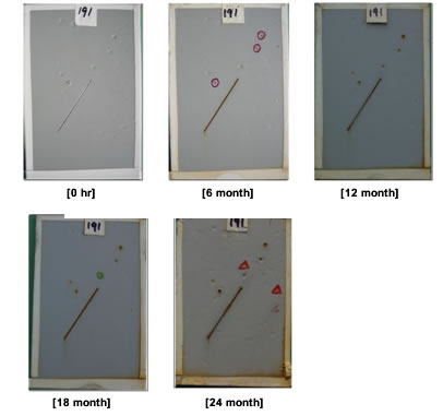 Figure 45. Photo. Progressive changes of panel 191 (WBEP: ME). This figure shows a series of photos of scribed waterborne epoxy (WBEP) panel 191 at time periods of 0, 6, 12, 18, and 24 months of marine exposure (ME). The test panel appears to have certain imperfections on the surface before exposure. The imperfections grow into defects at 6 months, with two additional defects developing at the end of testing at 24 months. Rust creepage growth appears to be minimal or zero for all time periods.
