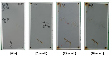 Figure 47. Photo. Progressive changes of panel 208 (WBEP: NWS). This figure shows a series of photos of scribed waterborne epoxy (WBEP) panel 208 at time periods of 0, 7, 13, and 18 months of natural weathering exposure with salt spray (NWS). The test panel initially had multiple coating defects. Further coating defects and rusting developed around these areas. Rust creepage growth appears to be minimal or zero for all time periods.