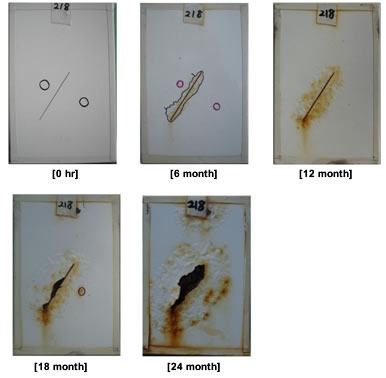 Figure 49. Photo. Progressive changes of panel 218 (SLX: ME). This figure shows a series of photos of scribed polysiloxane (SLX) panel 11 at time periods of 0, 6, 12, 18, and 24 months of marine exposure (ME). The test panel had two initial defects. Rust creepage started to grow at 6 months and increased rapidly at the end of testing, with a large area around the scribe rusting and peeled off.
