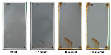 Figure 55. Photo. Progressive changes of panel 258 (UM: NWS). This figure shows a series of photos of scribed urethane mastic (UM) panel 258 at time periods of 0, 7, 13, and 18 months of natural weathering exposure with salt spray (NWS). The photos do not show any holidays or surface deterioration. Rust creepage started to grow at 13 months and continued throughout the rest of the test period, with rusting around the scribed area and at the bottom edges. 