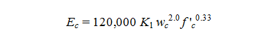 Figure 5. Equation. Expression for Ec. E subscript c equals 120,000 times K subscript 1 times w subscript c raised to the power of 2.0 times f prime subscript c raised to the power of 0.33.