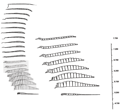 Figure 4.25. Drawings. Axial Force Distribution in Reinforcement for Case 8-1 (S equals 0.4 meters, lowercase L equals 1.5 meters):  (A) Failure State (lowercase H equals 8.0 meters, ratio of lowercase L to lowercase H equals 0.19); (B) Critical State (lowercase H equals 5.0 meters, ratio of lowercase L to lowercase H equals 0.30). This figure shows the distribution of the axial force along each reinforcement layer present at failure and critical state.