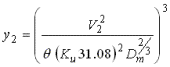 Equation 42. Equation. The depth in the contracted section equals average velocity in the contracted opening, squared, divided by the quantity Shield’s parameter multiplied by the quantity K subscript U multiplied by 31.08 squared, multiplied by mean grain size of the bed materials raised to the two-third power. The entire term is raised to the third power. The average velocity is measured in meters per second, and the grain size is measured in meters. The coefficient K subscript U is 1.0 for metric units and 1.81 for customary English units.
