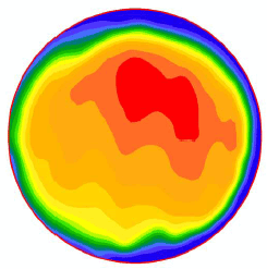 Figure 56. Image. Velocity profile at the outlet for Q divided by A subscript o equals 64 centimeters per second (25 inches per second). This is one in a series of images in appendix C showing velocity profiles in the outlet pipe from access hole experiments. The images have a spectrum of colors with blue indicating the lowest velocity, red the highest, and cyan, green, yellow, and orange spanning the moderate velocities in between. This particular image is the first of four for the flow rate of 64 centimeters per second.  The image shows a single moderately size red area of highest velocity to the upper right of the pipe's center point, roughly in the shape of two thumbprints next to each other.