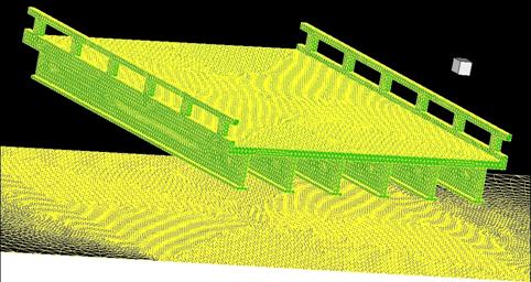 Figure 18. Model. A rendering of the 3-D six-girder bridge deck in Fluent®. This image shows the 3-D model of the six-girder bridge deck in perspective in front of a black background. The bridge is tinted green but is constructed out of a fine, yellow, unstructured mesh, which appears as a multitude of small triangular and hexagonal facets over the surface of the bridge deck.