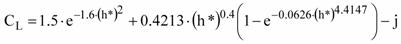 Figure 41. Equation. Lift coefficient fitting equation for the streamlined bridge. C subscript L equals the sum of the product 1.5 times base e to the product of -1.6 times h (star) squared, that product plus the product 0.4213 times h (star) raised to the 0.4 power times the difference 1 minus base e raised to the product negative 0.0626 times h (star) raised to the 4.4147, that product minus j.