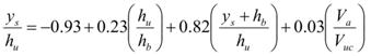 The quotient y subscript s divided by h subscript u equals the sum -0.93 plus the product 0.23 times the quotient h subscript u divided h subscript b, that product plus the product 0.82 times the quotient of the sum y subscript s plus h subscript b, that sum divided by h subscript u, that product plus the product 0.03 times the quotient V subscript a divided by V subscript uc.