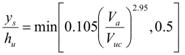 The quotient y subscript s divided by h subscript u equals the minimum of two arguments. Argument 1 is the product 0.105 times the quotient V subscript a divided by V subscript uc, that quotient raised to the 2.95 power. Argument 2 equals 0.5.