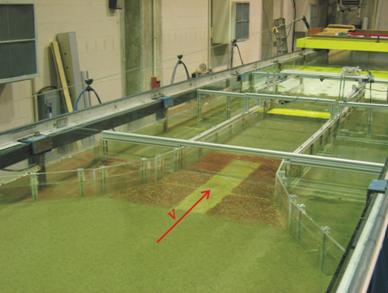 The test flume is shown from above looking down the flume toward the bridge. The flow direction is marked by a red velocity vector in the center of the flume labeled "V" pointing down the flume diagonally toward the top right of the photo. Plexiglas? walls curve inward from the side walls to restrict the channel to roughly one-third of the flume width. The bridge model is shown and is submerged toward the end of the restricted channel.