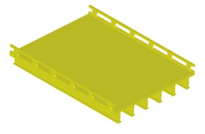 A six-girder bridge deck is shown in three-dimensional (3D) perspective. The bridge deck is yellow and set on a white background, and it is cut off across its width to reveal the cross section. It is rotated roughly 45 degrees on each axis such that the bridge deck is viewed at the corner that joins the deck edge and the cut-away cross section, and it is seen at an angle from above. On each of the deck edges, there is a railing that rises above the road surface supported by thin vertical supports space evenly with moderate gaps between. Below the bridge road surface, six thin I-shaped girders are visible on the side with the cut-away cross section.