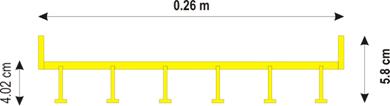 A cross section of a bridge deck with six thin I-shaped evenly-spaced girders is shown in yellow. The bridge deck has a height of 2.26 inches (5.8 cm) and a width of 0.85 ft (0.26 m). The road surface is slightly above the midpoint of the height, and two railings, one on each side, make up the rest of the height. The height from the bottom of the girders to the road surface is 1.57 inches (4.02 cm).