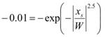 The number -0.01 equals the negative base of e raised to the negative of the absolute value of the quotient x subscript s divided by W, that absolute value raised to the 2.5 power.