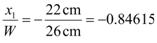 The quotient x subscript 1 divided by W equals the negative of the quotient 8.58 inches (22 cm) divided by 10.14 inches (26 cm), that quotient equals -0.84615.