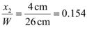 The quotient x subscript 2 divided by W equals the quotient 1.56 inches (4 cm) divided by 10.14 inches (26 cm), that quotient equals 0.154.