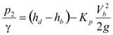The quotient p subscript 2 divided by gamma equals the difference of h subscript d minus h subscript b, that difference minus the product of K subscript p times the quotient V subscript b squared divided by the product 2 times g.
