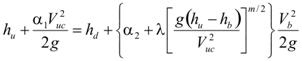 The sum of h subscript u plus the quotient of the product alpha subscript 1 times V subscript uc squared, that product divided by the product 2 times g, that whole sum equals the sum of h subscript d plus the product of the sum of alpha subscript 2 plus the product of lambda times the quotient of the product g times the difference h subscript u minus h subscript b, that product divided by V subscript uc squared, that quotient raised to the m divided by 2 power, that sum times the quotient of V subscript b squared divided by the product 2 times g.