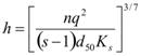 h equals the quotient of the product n times q squared, that product divided by the product of the difference s minus 1, that difference time d subscript 50 times K subscript s, that quotient raised to the 3/7 power.