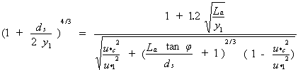 Equation 14. One plus the quotient that results from the scour depth divided by two times the approach flow depth, all raised to the power of one and one-third equals the following quotient. The numerator consists of the square root of the abutment length divided by the approach flow depth. This square root is then multiplied by 1.2 and 1 is added to the result. The denominator consists of the square root of three terms in which the first term is added to the product of the second and third terms. The first term is the quotient that results from dividing the squared critical value of shear velocity by the squared approach value of shear velocity. The second term is the abutment length multiplied by the tangent of the angle of repose of the bed material, all divided by the scour depth. One is added to this quotient, and the result is raised to the power of two-thirds. The third term is 1 minus the quotient that results from dividing the squared critical value of shear velocity by the squared approach value of shear velocity.