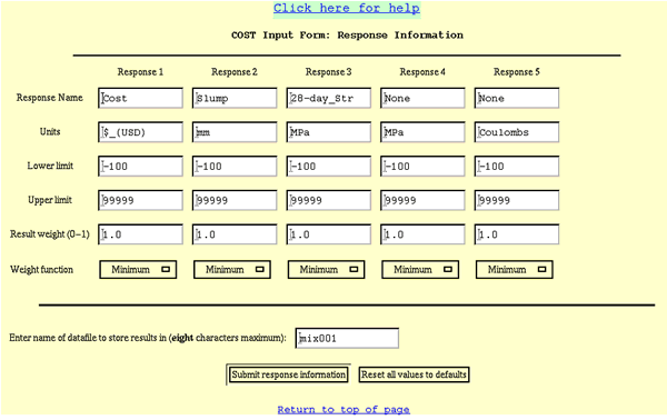 Figure C-2. “Response Information” form. Picture. This figure shows the form for inputting response information. The form is a matrix in which the column headings are the chosen responses (up to five), and the row headings (on the left) are response name, units, lower limit, upper limit, result weight (0 to 1), and weight function (these are described in the text of the user's guide). All of the input boxes are text input except for weight function, which is a drop-down menu. Underneath the form is another input box for a file name to store the selected inputs. Detailed instructions for filling in this section are provided in the text of the user's guide.
