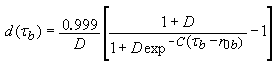 Figure 41. Equation. Brittle damage small D of tau. Lowercase D as a function of tau is equal to the product of the quotient of 0.999 over D, and the quantity of the quotient of the sum of 1 and D all over the sum of 1 plus the product of D and the exponential of negative C times left parenthesis tau minus lowercase R subscript 0 right parentheses.