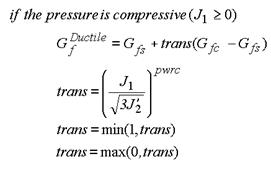 Figure 55. Equation. Ductile damage threshold G subscript lowercase F superscript Ductile. If the pressure is compressive, meaning J subscript 1 is greater than or equal to 0, then G subscript lowercase F superscript Ductile equals G subscript lowercase F and lowercase S plus parameter trans times the difference between G subscript lowercase FC and G subscript lowercase FS, where parameter trans equals the positive J subscript 1 divided by the square root of the quantity 3 times J prime subscript 2, all to the power of parameter pwrt. The parameter trans is limited to the minimum of 1 or trans. The parameter trans is also limited to the maximum of 0 or trans.