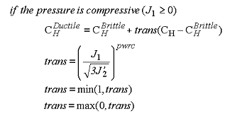 Figure 71. Equation. Ductile rate of translation C subscript H superscript Ductile. If the pressure is compressive, meaning J subscript 1 is greater than or equal to 0, then C subscript H superscript Ductile equals C subscript H superscript Brittle plus the parameter trans times the difference between C subscript H and C subscript H superscript Brittle, where the parameter trans equals J subscript 1 divided by the square root of the quantity 3 times J prime subscript 2, all to the power of pwrc. The parameter trans is limited to the minimum of 1 and trans. The parameter trans is limited to the maximum of 0 and trans.