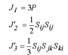 Figure 85. Equation. Three stress invariants, J subscript 1, J prime subscript 2, and J prime subscript 3. J subscript 1 equals three times P. J prime subscript 2 equals one-half times the deviatoric stress S subscript lowercase IJ times the deviatoric stress S subscript lowercase IJ. J prime subscript 3 equals one-third times the deviatoric stress S subscript lowercase IJ times deviatoric stress S subscript lowercase JK times deviatoric stress S subscript lowercase KI.