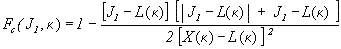 Figure 89. Equation. Cap surface function, F subscript lowercase C. Cap failure surface F subscript lowercase C as a function of J subscript 1 and kappa, equals 1 minus the quantity of a numeration divided by a denominator. The numerator is the multiplication of 2 quantities. The first quantity is J subscript 1 minus L of kappa. The second quantity is the absolute value of J subscript 1 minus L of kappa all added to J subscript 1 minus L of kappa. The numerator is 2 times the quantity of X of kappa minus L of kappa, superscript 2.
