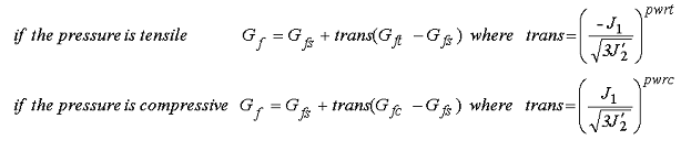 Figure 99. Equation. Brittle and ductile damage thresholds, G subscript lowercase F. If the pressure is tensile, meaning J subscript 1 is less than 0, then G subscript lowercase F equals G subscript lowercase F and lowercase S plus parameter trans times the difference between G subscript lowercase FT and G subscript lowercase FS, where parameter trans equals the negative J subscript 1 divided by the square root of the quantity 3 times J prime subscript 2, all to the power of parameter pwrt. If the pressure is compressive, meaning J subscript 1 is greater than or equal to 0, then G subscript lowercase F equals G subscript lowercase F and lowercase S plus parameter trans times the difference between G subscript lowercase FC and G subscript lowercase FS, where parameter trans equals the positive J subscript 1 divided by the square root of the quantity 3 times J prime subscript 2, all to the power of parameter pwrc.