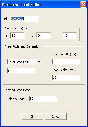 Figure 218. Screen capture. Load properties dialog. This figure shows a screenshot of the user interface ready to accept the data for configuring a moving load. It shows the interface with the following data entry fields: Id; Load Coordinates:  X, Y, and Z; Load Magnitude and Dimensions: Load Length; Load Width; and Moving Load Data.