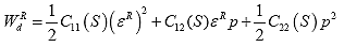 Equation 86. Definition of the dual pseudo strain energy density function. The dual pseudo strain energy density function, W subscript d superscript R, is equal to one half multiplied by the product of first material integrity parameter, C subscript 11, and pseudo strain, epsilon superscript R, squared, plus the product of the second material integrity parameter, C subscript 12, pseudo strain, epsilon superscript R, and pressure, p, plus one half multiplied by the product of the third material integrity parameter, C subscript 22, and pressure, p, squared.