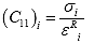 Equation 89. Characterization relationship for the first material integrity parameter. The first material integrity parameter, C subscript 11, at given time step, subscript i, is equal to the stress at the time step, sigma subscript i, divided by the pseudo strain at that same time step, epsilon superscript R subscript i.