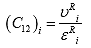 Equation 91. Characterization relationship for the second material integrity parameter. The second material integrity parameter, C subscript 12, at given time step, subscript i, is equal to the pseudo dilation at the time step, lowercase upsilon superscript R subscript i, divided by the pseudo strain at that same time step, epsilon superscript R subscript i.